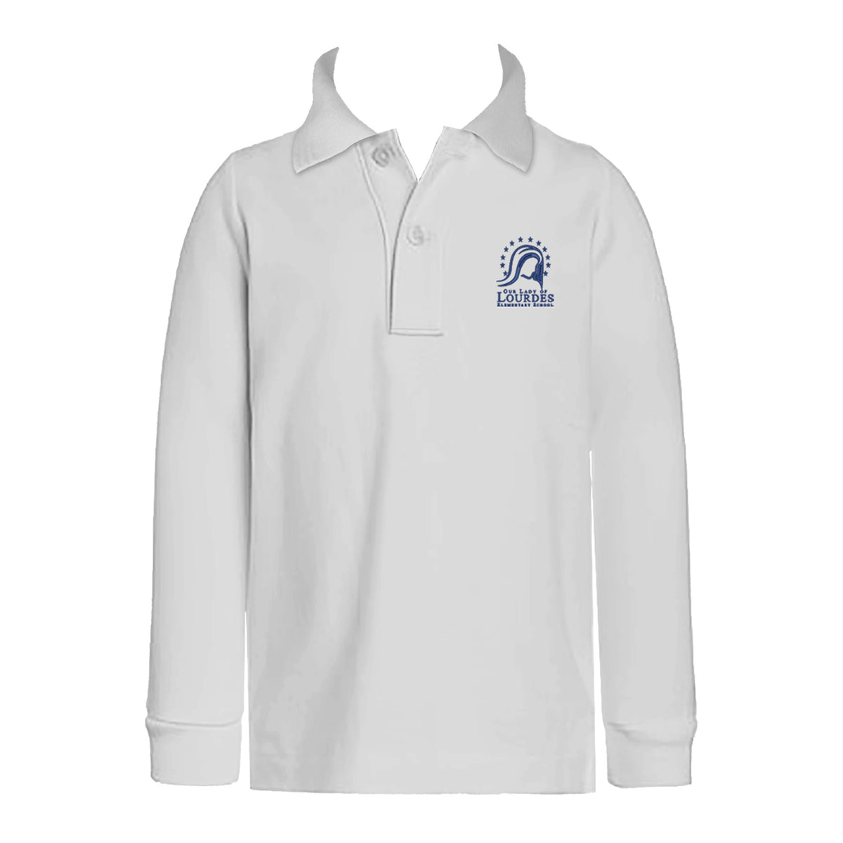 OUR LADY OF LOURDES WHITE GOLF SHIRT, UNISEX, LONG SLEEVE, CHILD