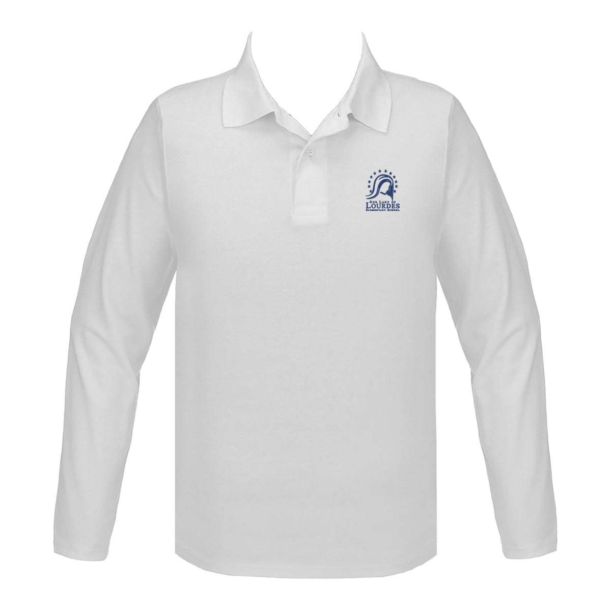 OUR LADY OF LOURDES WHITE GOLF SHIRT, UNISEX, LONG SLEEVE, YOUTH