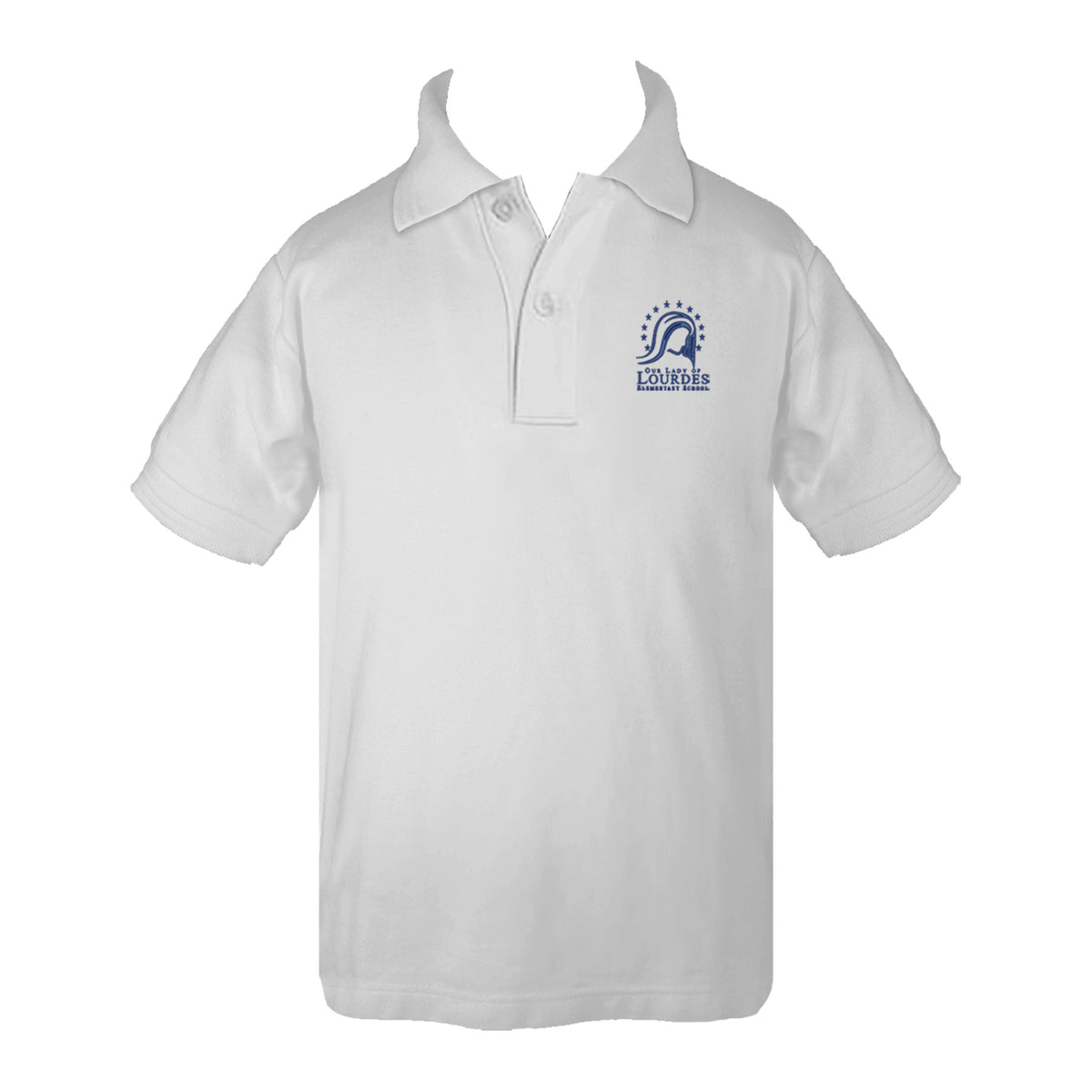 OUR LADY OF LOURDES WHITE GOLF SHIRT, UNISEX, SHORT SLEEVE, CHILD