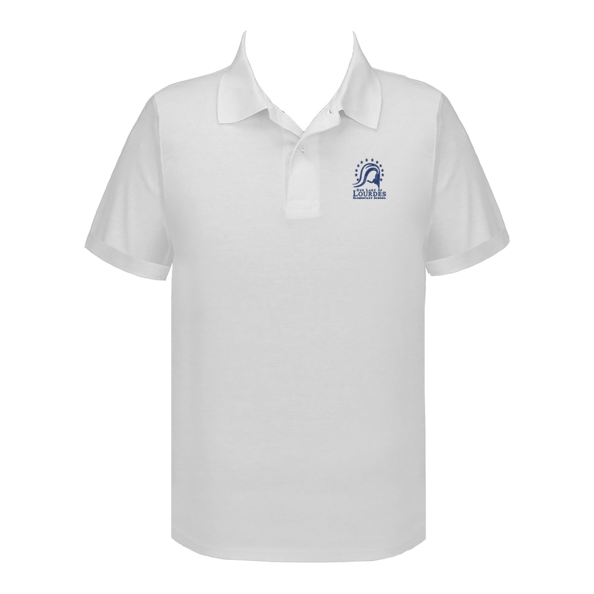OUR LADY OF LOURDES WHITE GOLF SHIRT, UNISEX, SHORT SLEEVE, ADULT