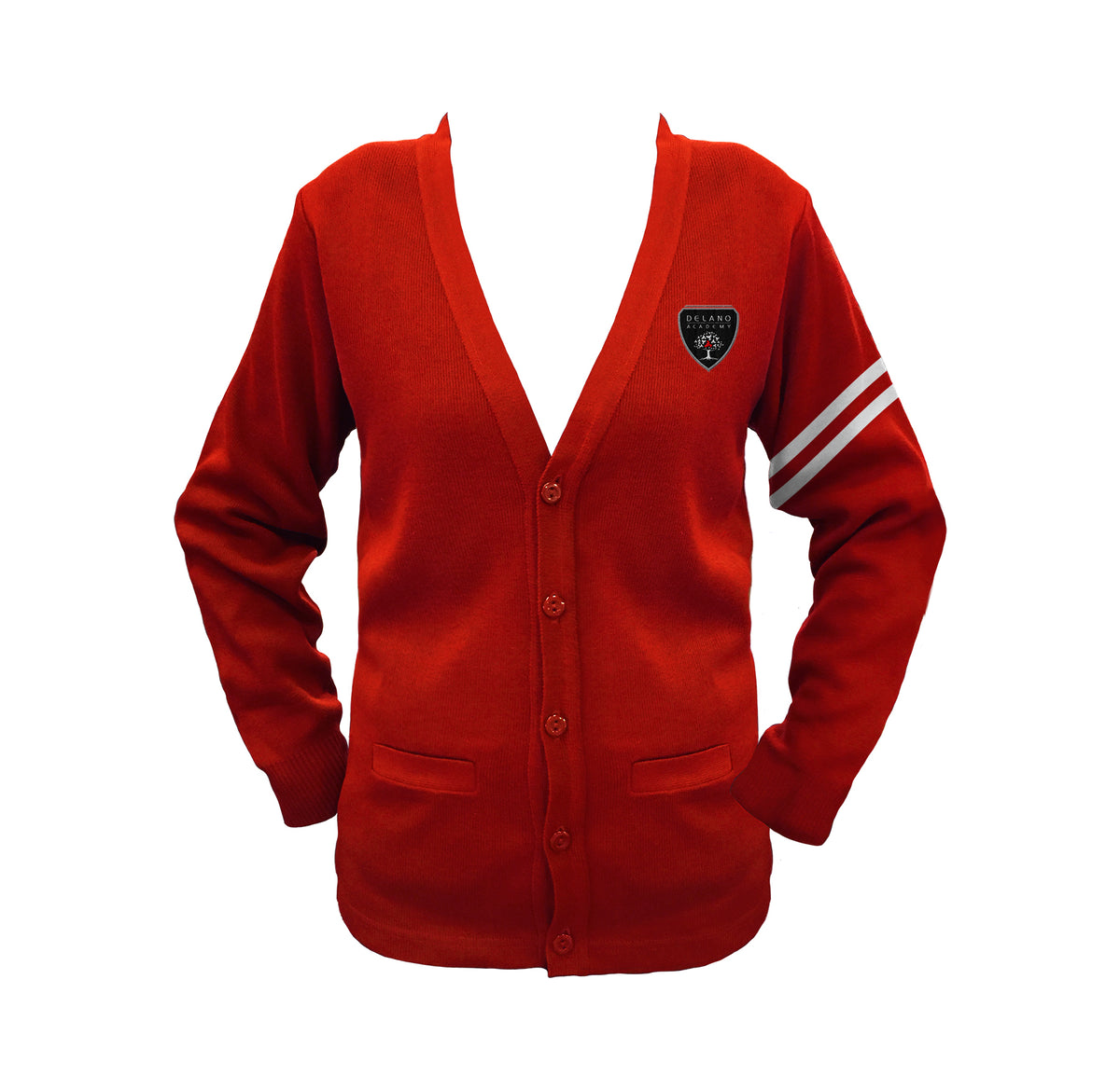 DELANO ACADEMY GRADE 7-8 CARDIGAN WITH TWO ARM STRIPES, UP TO SIZE 32 *FINAL SALE*