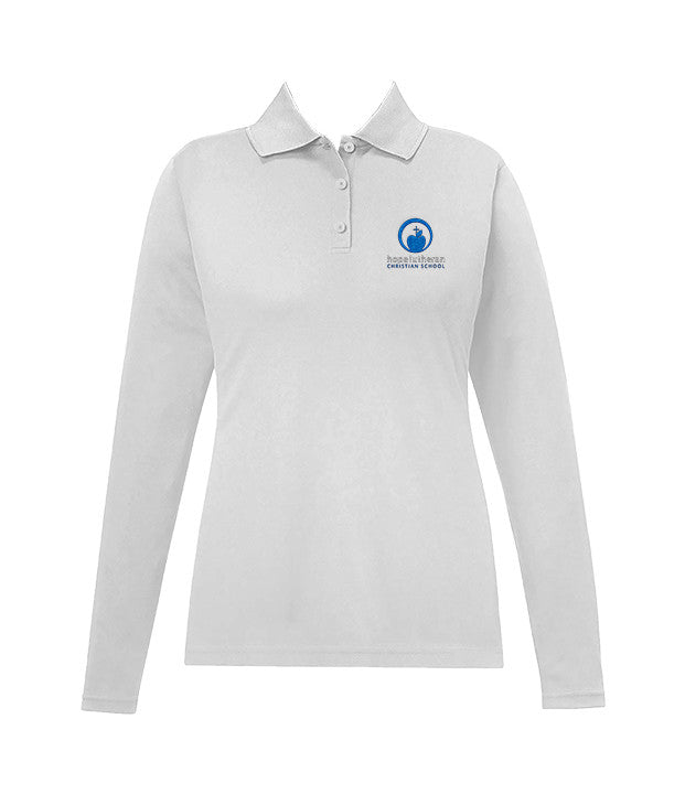 HOPE LUTHERAN WHITE GOLF SHIRT, GIRLS, LONG SLEEVE, ADULT