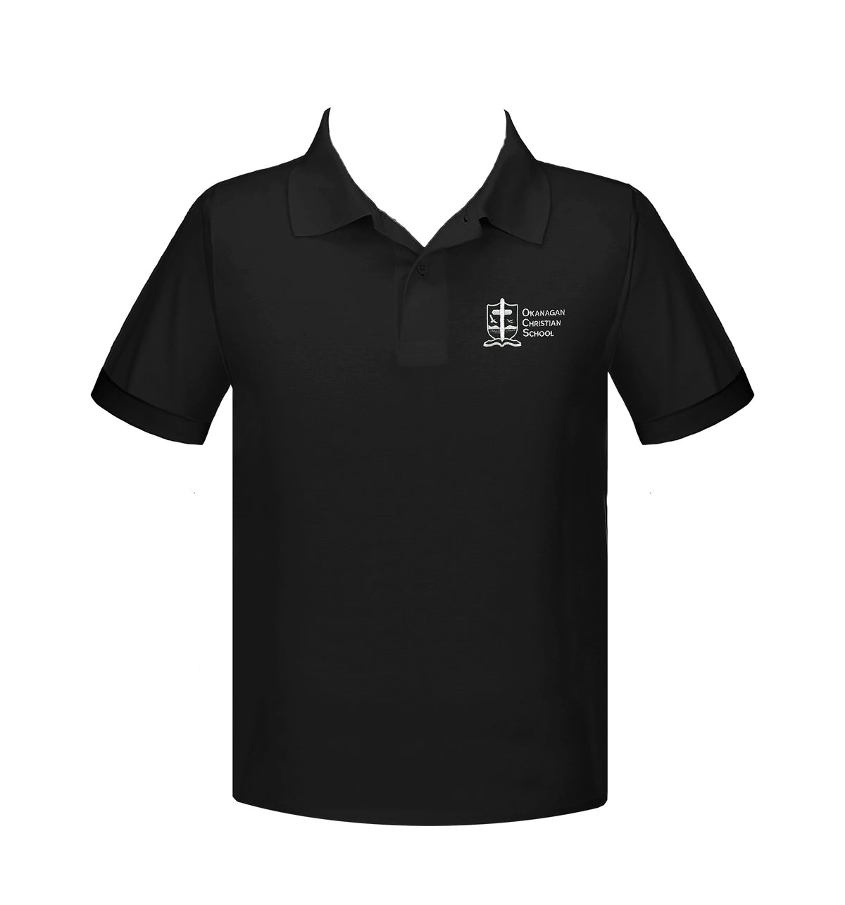 OKANAGAN CHRISTIAN BLACK GOLF SHIRT, UNISEX, SHORT SLEEVE, YOUTH