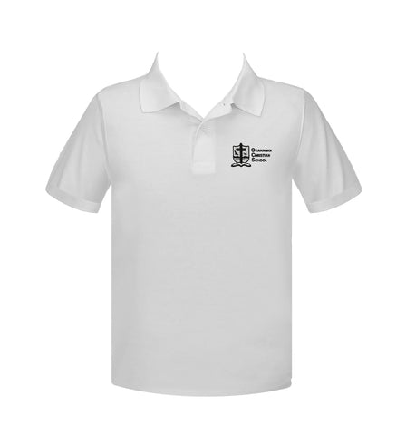 ***OKANAGAN CHRISTIAN WHITE GOLF SHIRT, UNISEX, SHORT SLEEVE, ADULT *FINAL SALE*