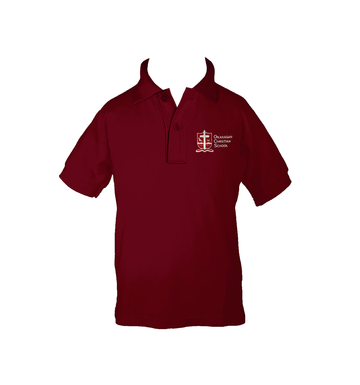 OKANAGAN CHRISTIAN RUBY RED GOLF SHIRT, UNISEX, SHORT SLEEVE, CHILD