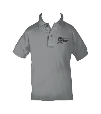 OKANAGAN CHRISTIAN GREY GOLF SHIRT, UNISEX, SHORT SLEEVE, CHILD